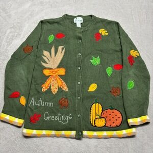 Vintage Quacker Factory‎ Womens M Fall Cardigan Sweater Pumpkin Leaves Autumn
